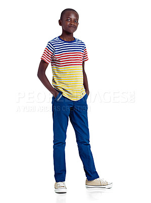 Buy stock photo Portrait, black child and fashion in studio with confidence, attitude and positivity. African teenager, hands in pockets and pride on white background for culture, satisfaction and trendy in Nigeria