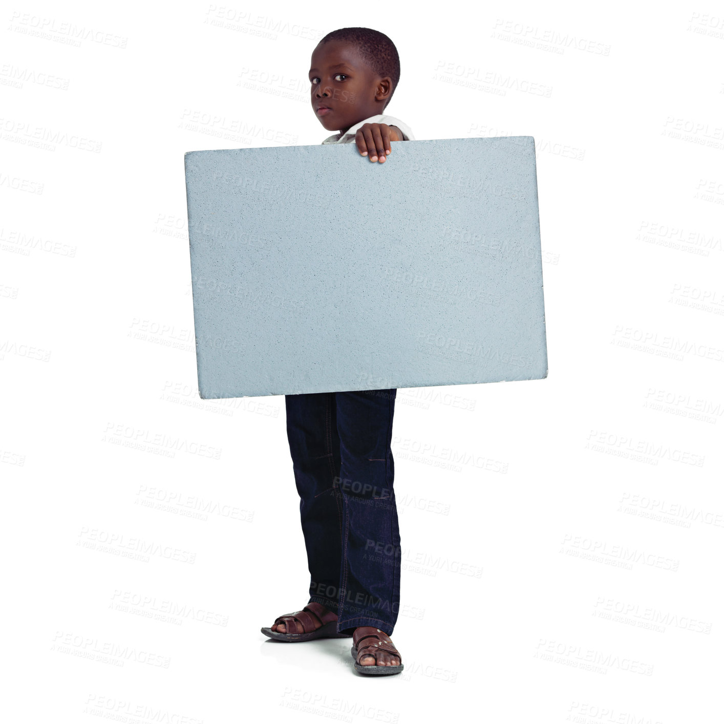 Buy stock photo Black child, portrait and sign board in studio, kid placard and information on white background. Male person, empty display and mockup space on paper for news or announcement, boy and commercial