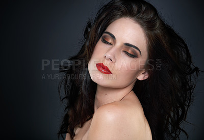 Buy stock photo Calm, wellness and woman in studio for hair beauty, cosmetics and luxury glamour on black background. Makeup, skin and model with shampoo, scalp or glow haircare results, growth and smooth texture 
