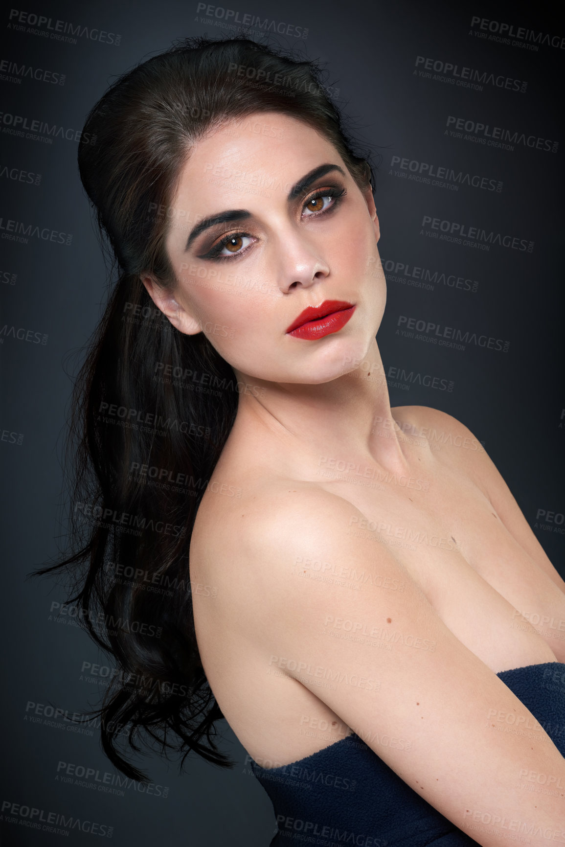 Buy stock photo Beauty, woman and makeup portrait with goth, retro and classic cosmetics in a studio. Glamour, Old Hollywood and black background with red lips, dark eyeshadow and confidence with elegant fashion