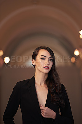Buy stock photo Asian woman, portrait and fashion or style in suit with edgy blazer or beauty confidence, classy or event. Female person, face and elegant luxury with trendy clothes or formal glamour, cool or party