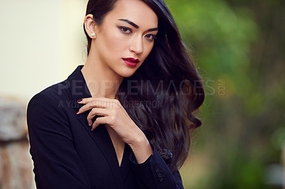 Buy stock photo Woman, beauty and makeup with hair care in portrait, confidence and pride with red lipstick, elegance and shine. Glamour, style and cosmetics, assertive and feminine with edgy look and waves outdoor