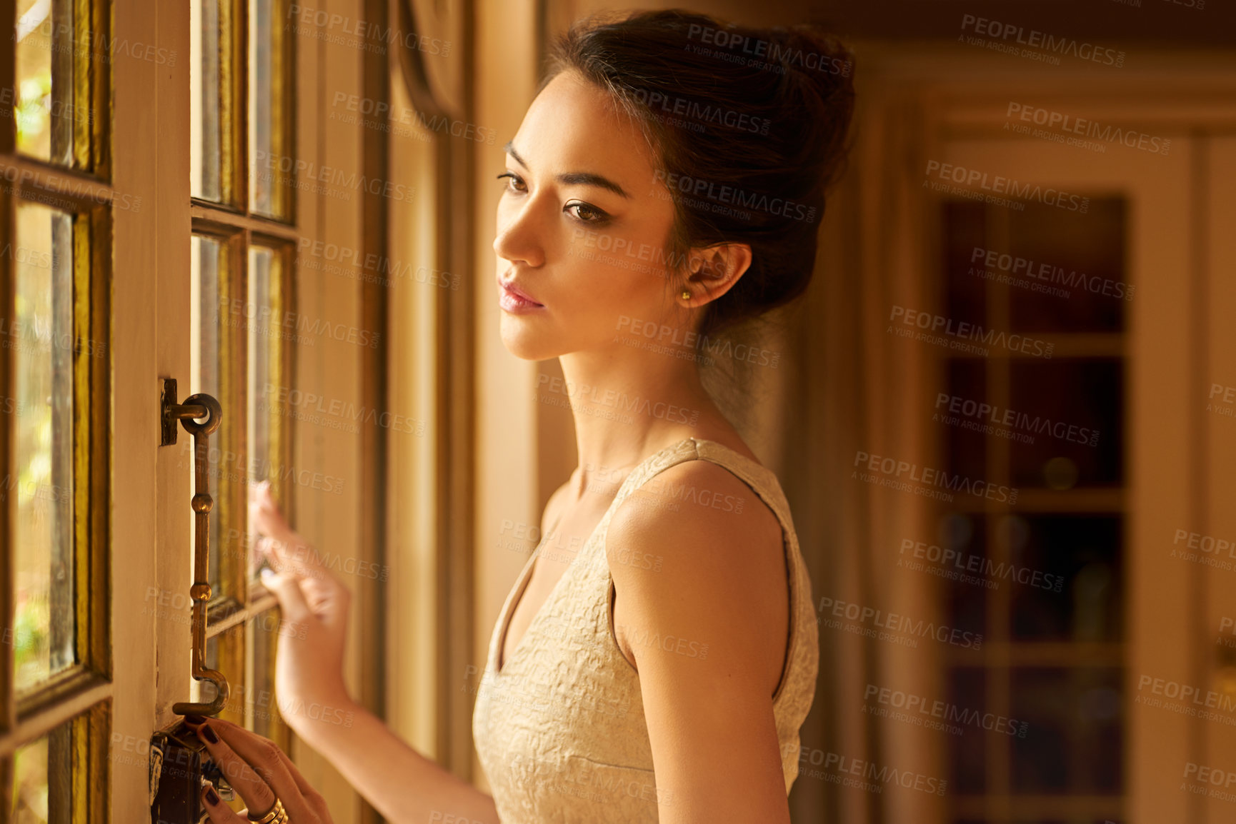 Buy stock photo Fashion, window and thinking with woman in elegant home for gala event in style, classy and formal clothes. Wealth, aesthetic and person with confidence, pride and luxury in manor, house and mansion