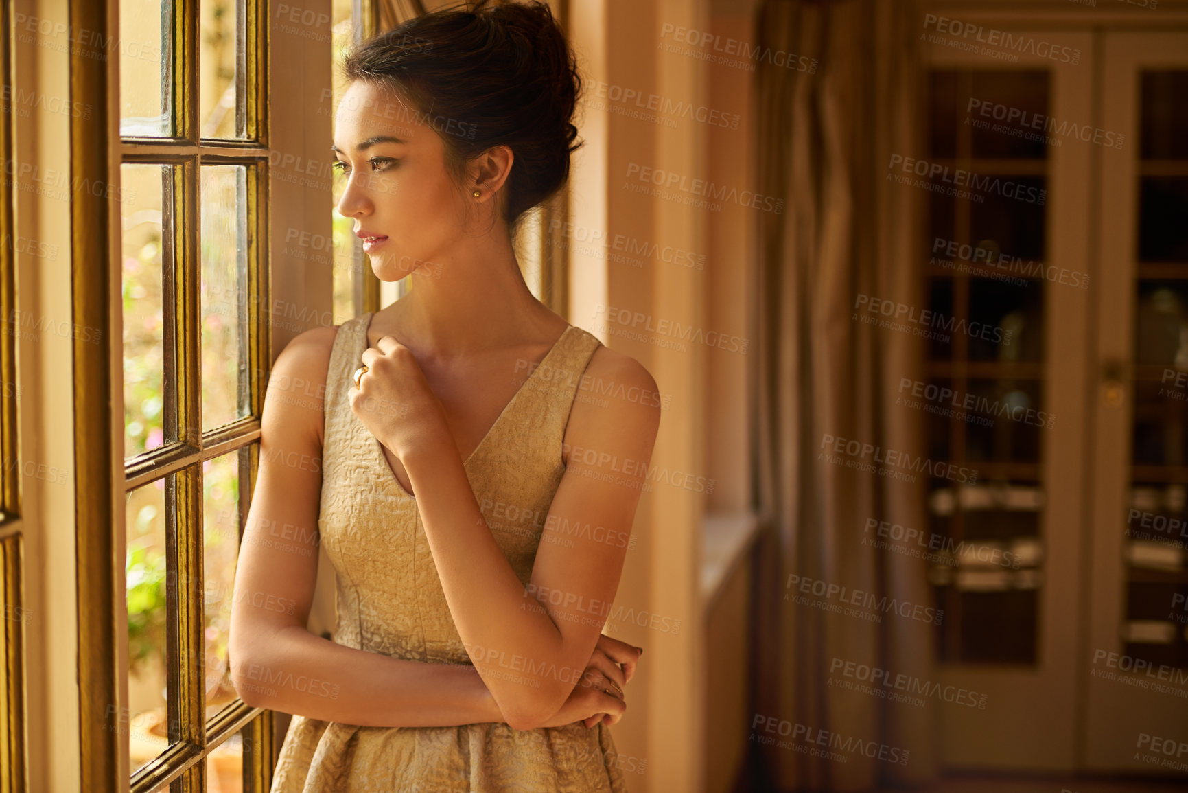 Buy stock photo Fashion, window and woman in vintage home for gala event in style, classy outfit and formal clothes. Wealth, aesthetic and person with confidence, pride and luxury in elegant manor, house and mansion