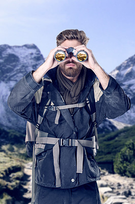 Buy stock photo Shot of hiker looking through binoculars in a remote landscape