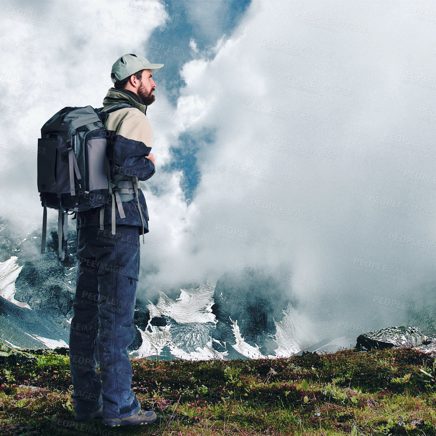 Buy stock photo Man, hiker and backpack for climbing in nature for growth, serenity and calmness outdoors in Switzerlands. Icy mountains, clouds and male person on adventure for peace, tranquil and view of valley