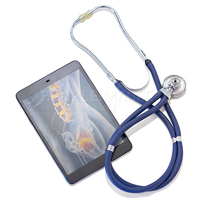 Buy stock photo A tablet and a stethoscope against a white background