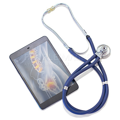 Buy stock photo Tablet, stethoscope and xray in studio for healthcare, diagnosis and radiology on white background. Medical equipment, technology and image of anatomy for medicare, examination and telehealth