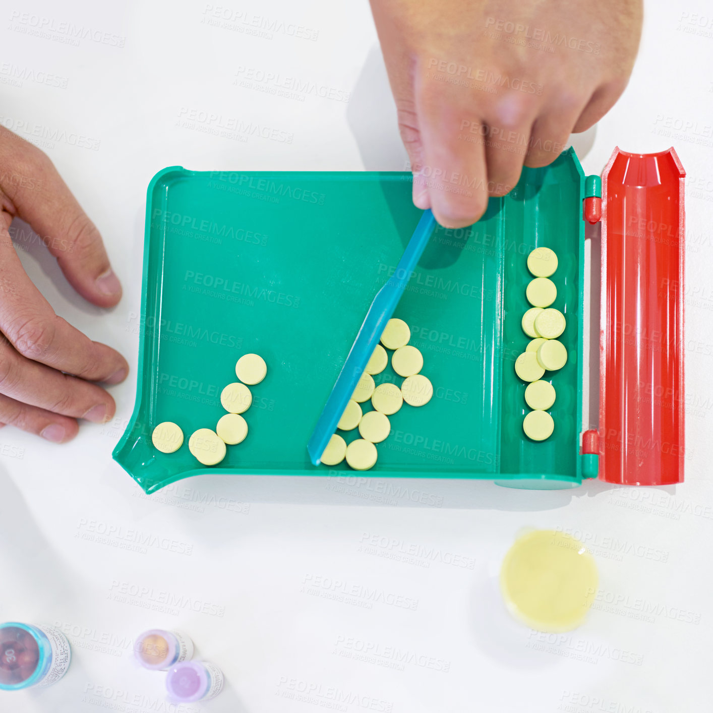 Buy stock photo Hands, pharmacist and counting pills in store with container, inspection and prescription for health. Person, drugs and medicine by plastic bottle, pharmaceutical product or supplements for wellness