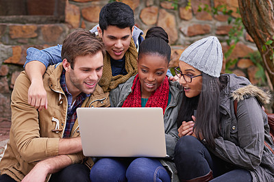 Buy stock photo Students, college and education with laptop on campus for communication, learning or knowledge. Discussion, diversity and friends with technology for school project, study group or search internet