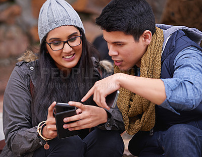 Buy stock photo University, phone or friends in campus park for study research, feedback or results survey. College, smartphone and gen z students with sign up app for elearning, registration or virtual tutor search