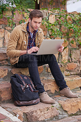 Buy stock photo Student, thinking and typing for research paper, education and learning for phd on laptop. Man, email and browsing for college application or bursary, social life and campus or university studies