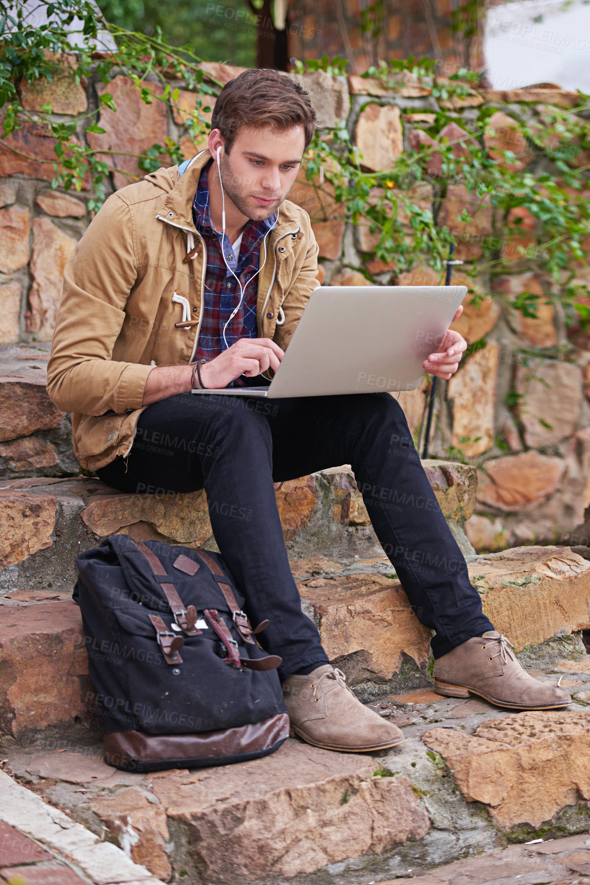 Buy stock photo Student, thinking and typing for research paper, education and learning for phd on laptop. Man, email and browsing for college application or bursary, social life and campus or university studies