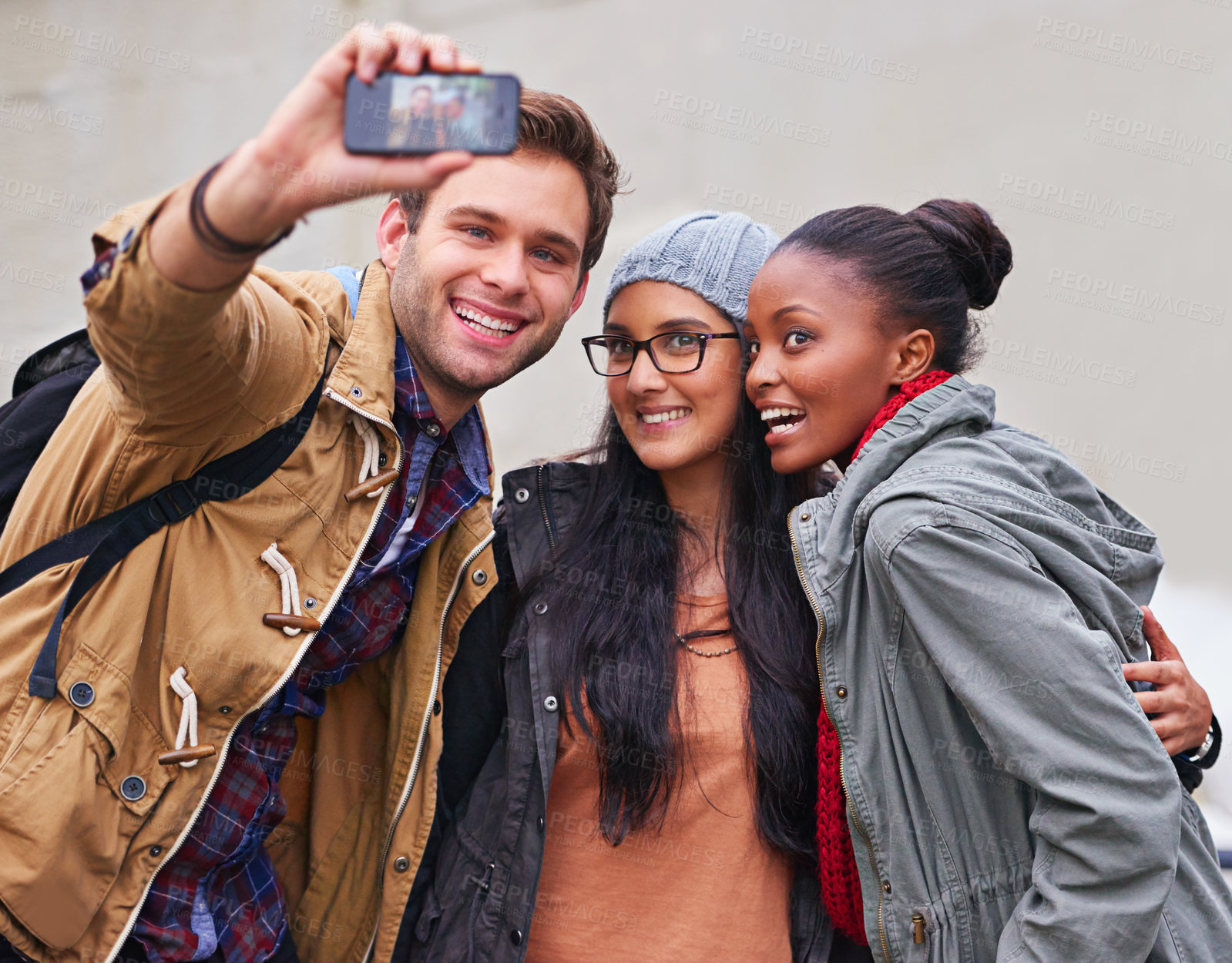 Buy stock photo Smile, friends and selfie for picture on campus, college and university with backpack and confidence. Group, academic people and students with happiness, bonding and memory in Canada for photography