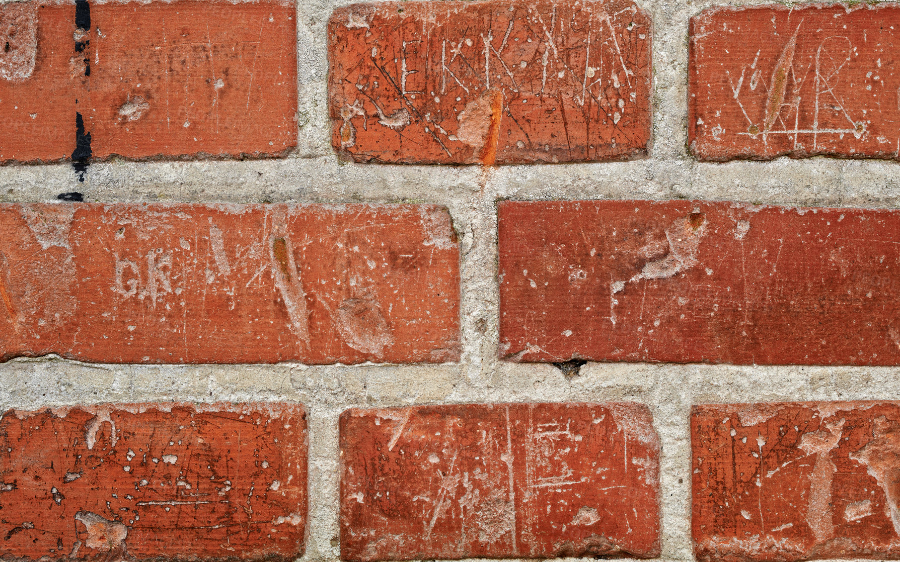 Buy stock photo Red, brick wall and design with cement for texture, concrete pattern and masonry in architecture. Stone, rough and rustic surface with space for building exterior, material or wallpaper background