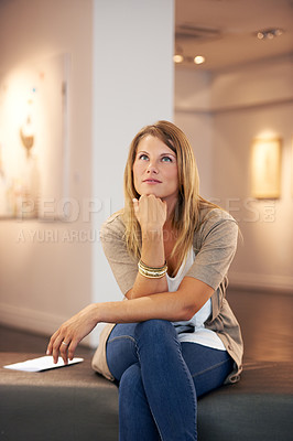 Buy stock photo Thinking, culture and woman at a gallery for art, exhibition or education on artistic work. Idea, a girl and looking at creativity or paintings in a museum for inspiration, learning or collection