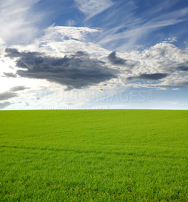 Buy stock photo Nature, clouds and hill with landscape of field for farm mockup space, environment and ecology. Plant, grass and horizon with countryside meadow for spring, agriculture and sustainability