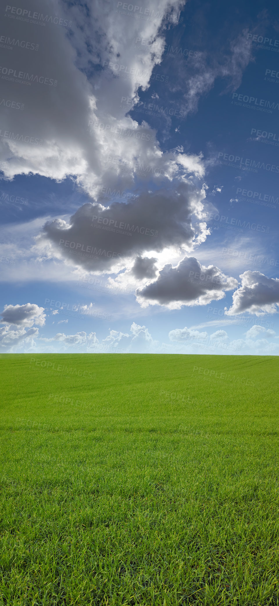 Buy stock photo Nature, clouds and environment with landscape of field for farm mockup space, hill and ecology. Plant, grass and horizon with countryside meadow for spring, agriculture and sustainability