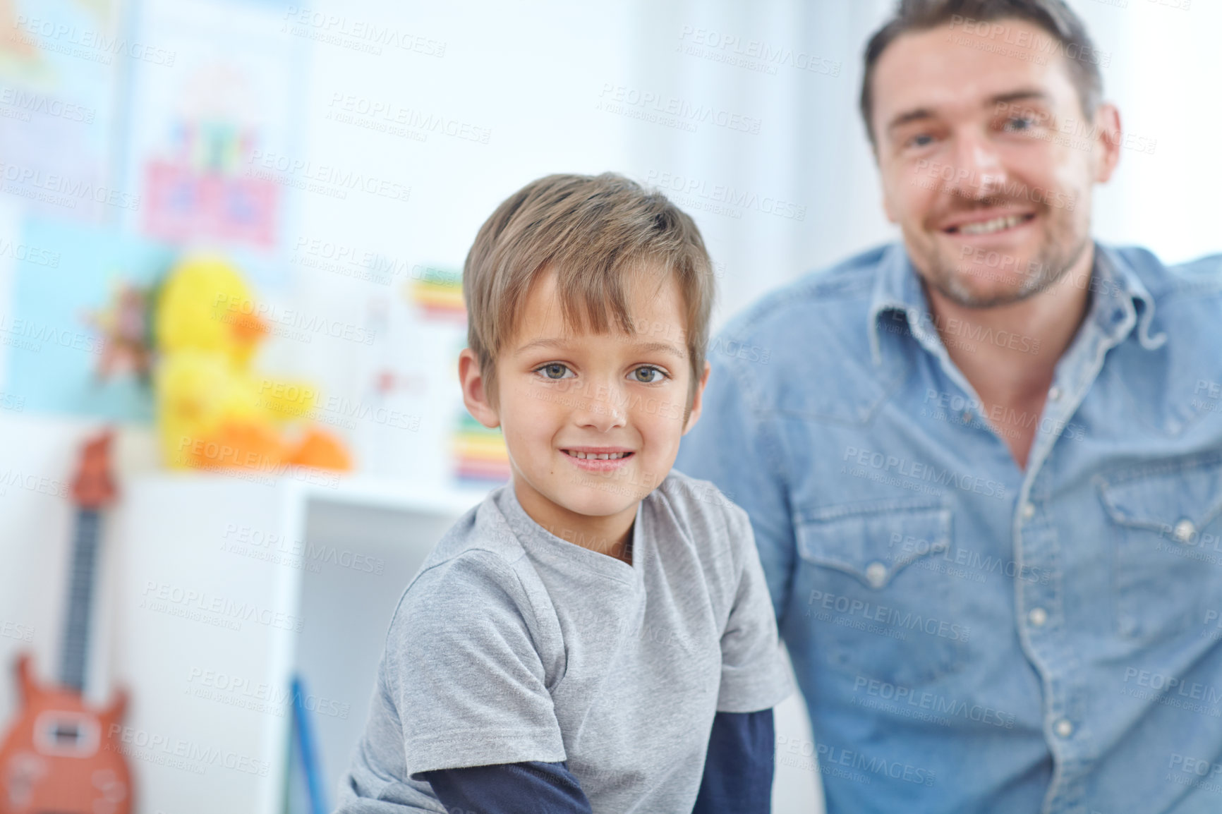 Buy stock photo Father, portrait and happy child relax in home for care, bonding together and family chill on weekend. Kid, dad and boy with parent for love, support and development with son for growth in house