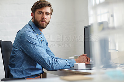 Buy stock photo Man, portrait and computer for worker administration in office, company website and digital filing. Male person, professional administrator and agenda for schedule management, email and planning