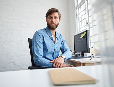 Buy stock photo Office, computer and businessman in portrait with career, professional and confidence for auditor. Workplace, male person and accountant with solution for auditing, accounting firm and ambition