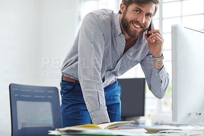 Buy stock photo Man, phone call and computer for financial plan in office, helping client and advisory chat. Business, happy person and working online for report update, contact discussion and accountant at desk