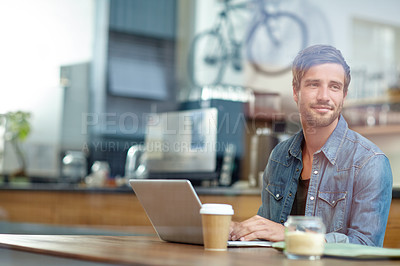 Buy stock photo Man thinking, laptop and freelance writer in cafe, research and typing article for internet blog in bistro. Ideas, restaurant and person online for remote work, copywriting and freelancer at diner