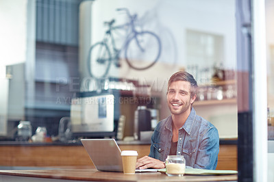 Buy stock photo Man, laptop and thinking in coffee shop, research and typing article for internet blog in bistro. Brainstorming, restaurant and person online for remote work, copywriting idea and freelancer at diner