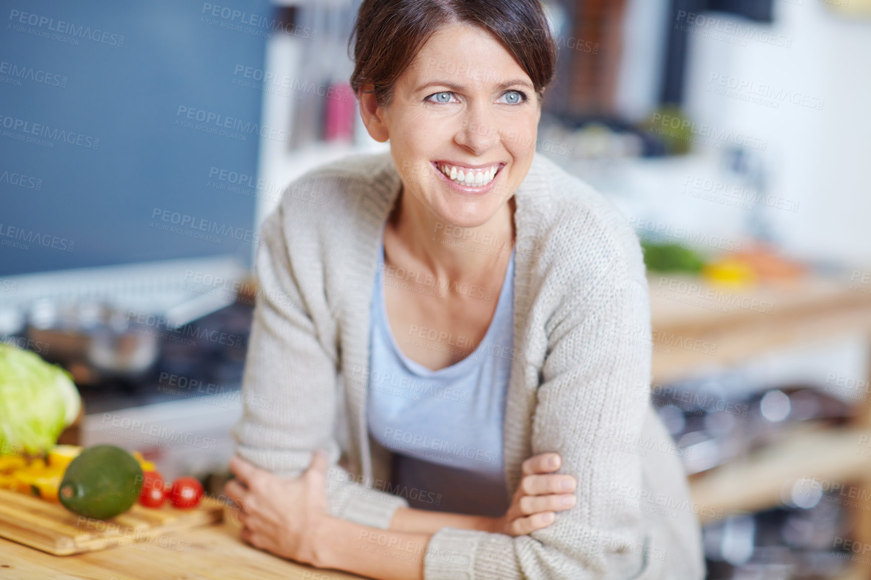 Buy stock photo Cooking, food or mature woman in kitchen with arms crossed, diet or nutrition in organic lifestyle. Smile, wellness or female person in home with confidence, ingredient or meal prep in healthy lunch.