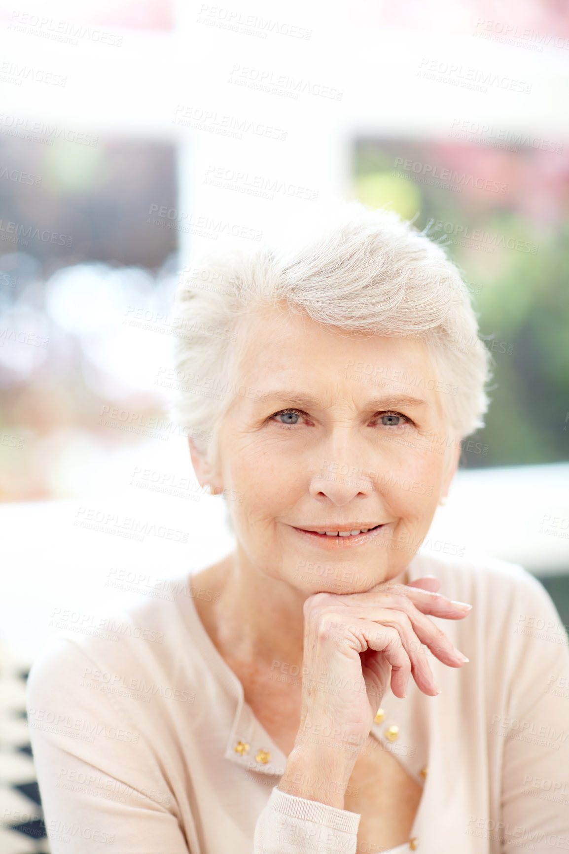 Buy stock photo Portrait of a happy elderly woman enjoying a relaxing day at home