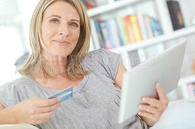 Buy stock photo Portrait, credit card and woman with tablet in home for online shopping, digital banking or investment payment. Face, technology or finance for ecommerce, money or  virtual sale on discount in lounge