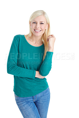 Buy stock photo Portrait of a beautiful blonde woman in casualwear standing against a white background