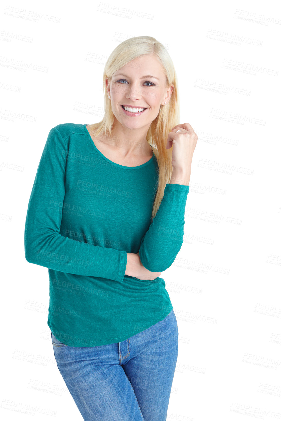 Buy stock photo Portrait of a beautiful blonde woman in casualwear standing against a white background