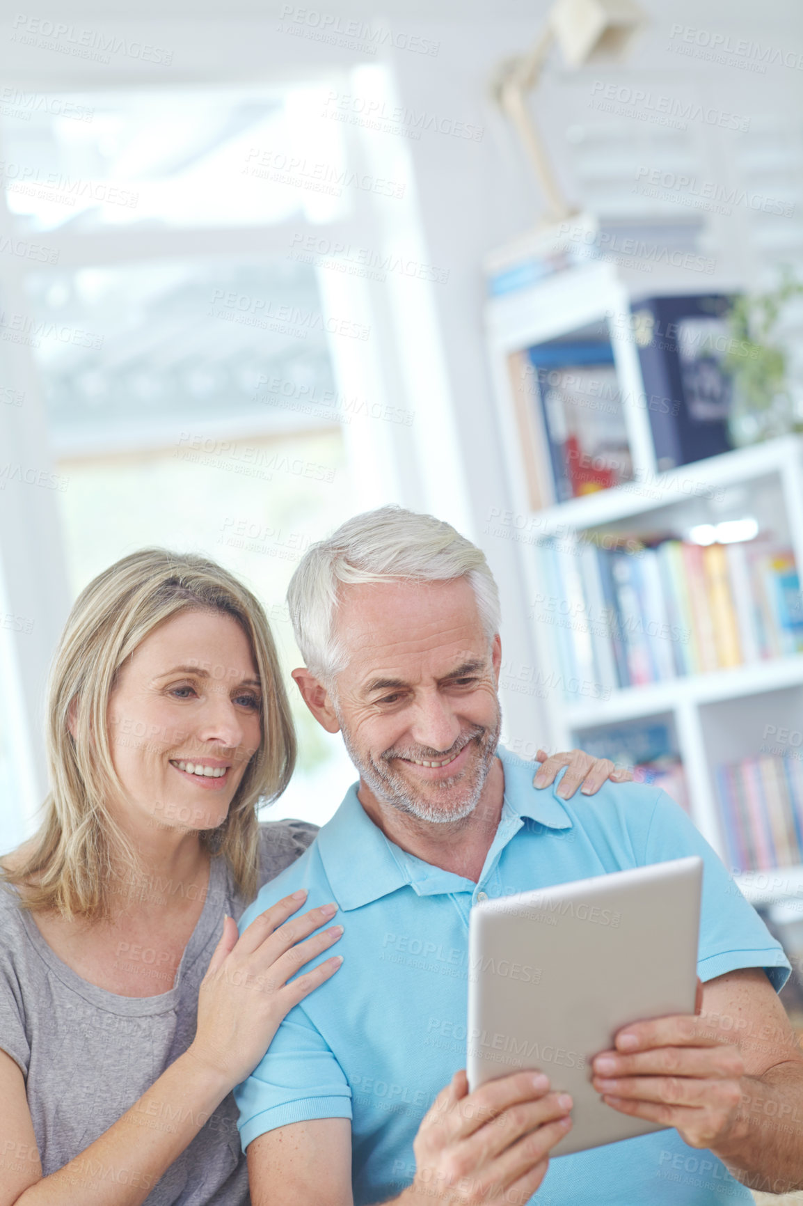 Buy stock photo Online shopping smile, tablet and senior couple search website for discount sales, ecommerce deal or fashion choice. E commerce store, mockup and customer scroll ui screen for retail product mock up