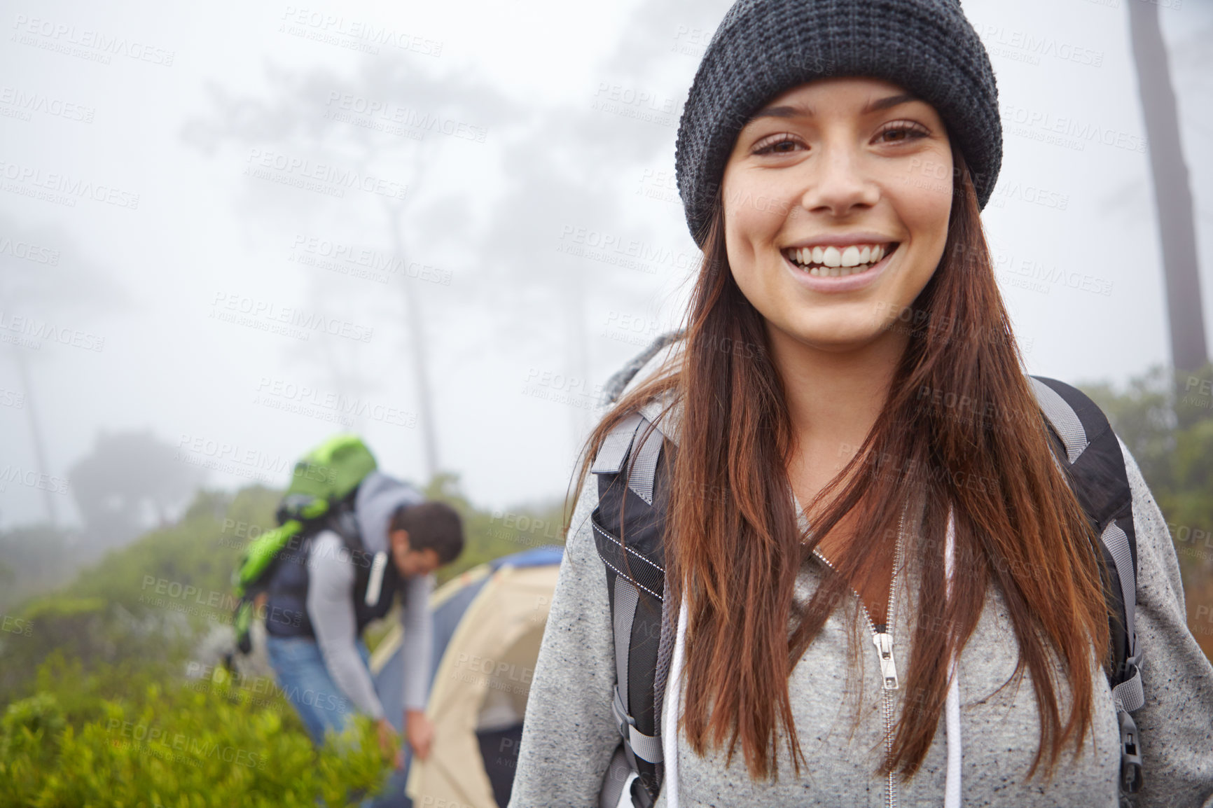 Buy stock photo Portrait of an attractive young woman out hiking with her boyfriend