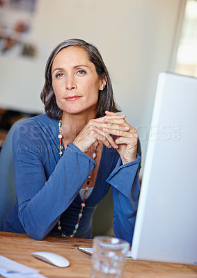 Buy stock photo Woman, portrait and tech in home office for remote work, professional and business at desk. Mature architect, confident and computer with connectivity for networking, design and planning in Canada