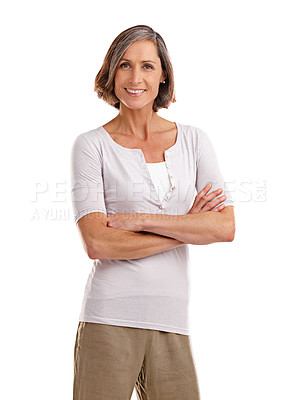 Buy stock photo Mature woman, studio and smile with arms crossed on portrait for fashion on white background. Female person, confidence and happy or satisfied with comfortable clothes with style, outfit or makeover