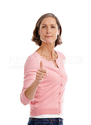 Buy stock photo Mature woman, studio and thumbs up for fashion on portrait with confidence for comfort wear on white background. Female person, isolated and approval or agree with like gesture for style and outfit