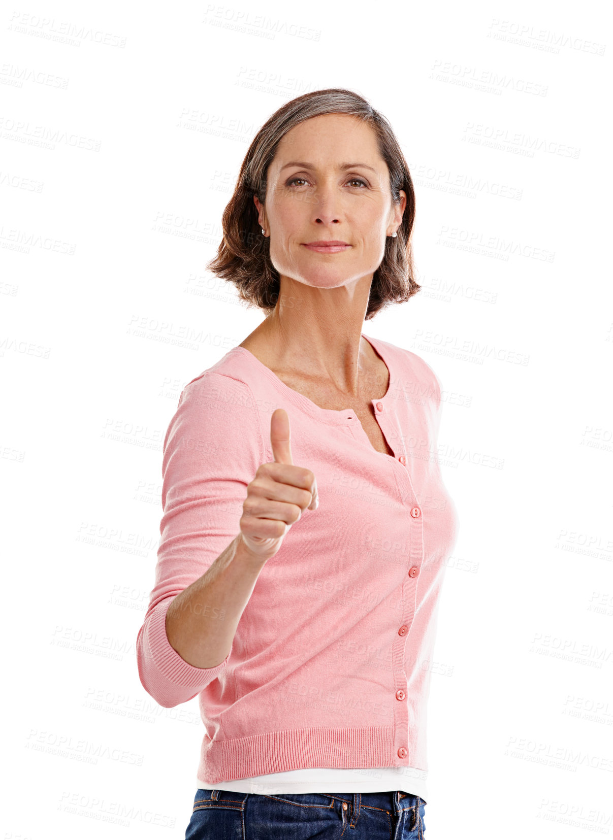 Buy stock photo Mature woman, studio and thumbs up for fashion on portrait with confidence for comfort wear on white background. Female person, isolated and approval or agree with like gesture for style and outfit