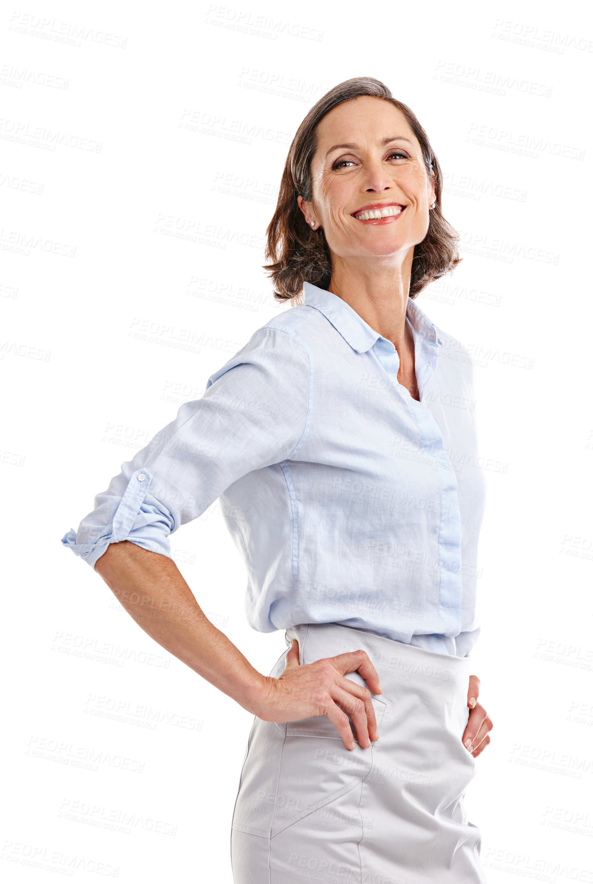 Buy stock photo Portrait, smile and business woman akimbo in studio isolated on a white background. Face, professional and mature female entrepreneur from Australia with confidence, happiness and hands on hips.