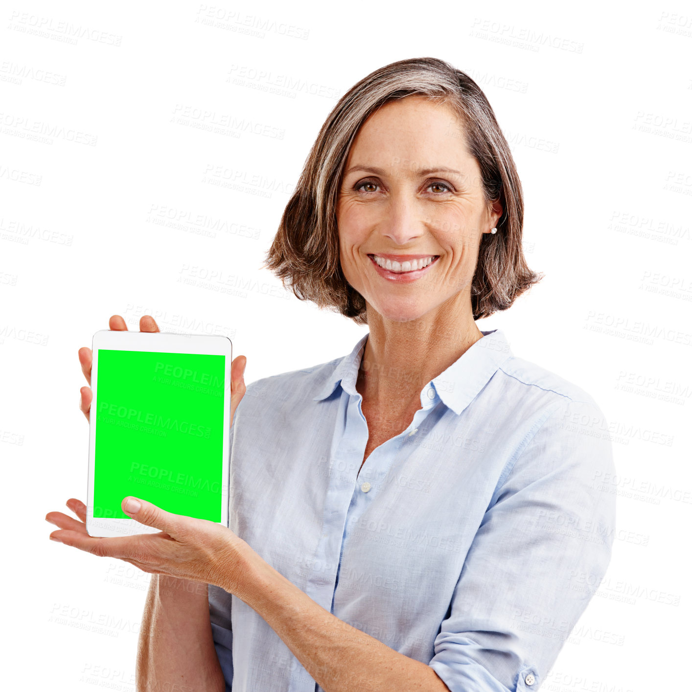 Buy stock photo Studio portrait of a well-dressed mature woman holding a digital tablet with a chroma key screen