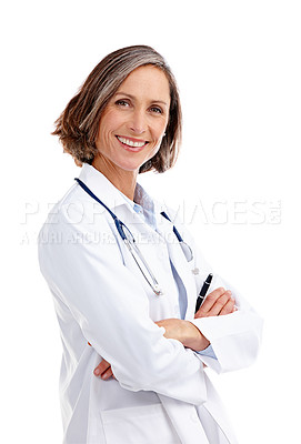 Buy stock photo Portrait, woman and happy doctor with arms crossed in studio isolated on a white background. Healthcare, face and mature female medical professional from Australia with confidence and a smile.