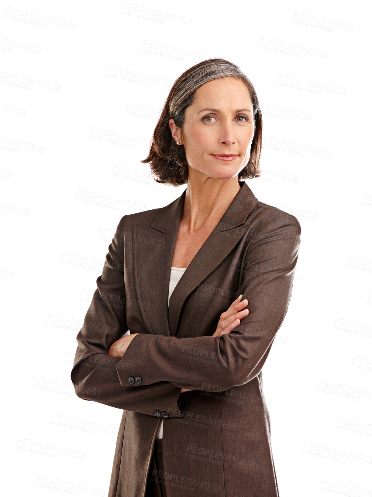 Buy stock photo Portrait, business woman and serious with arms crossed in studio isolated on a white background. Face, boss and mature female ceo, professional or executive from Australia with confidence mindset.