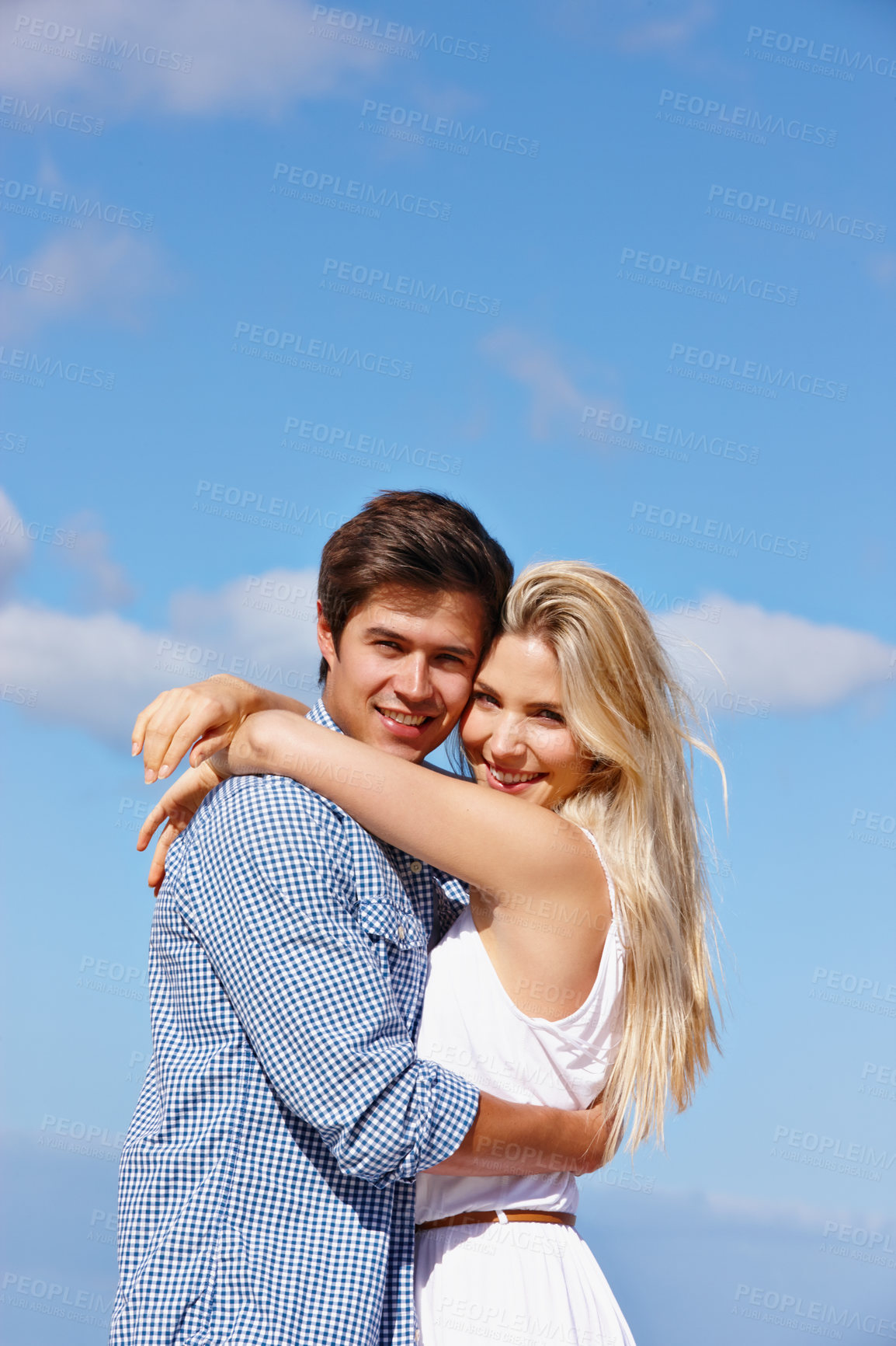 Buy stock photo Blue sky, portrait or couple hug with smile or love on vacation, valentines day or holiday. Happy, anniversary or people on weekend for bonding together on outdoor romantic trip or date in Greece