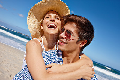 Buy stock photo Love, bonding or happy couple in ocean with hug or care on vacation, valentines day or holiday. Smile, support or people at beach for anniversary together at sea on romantic trip on island in Greece