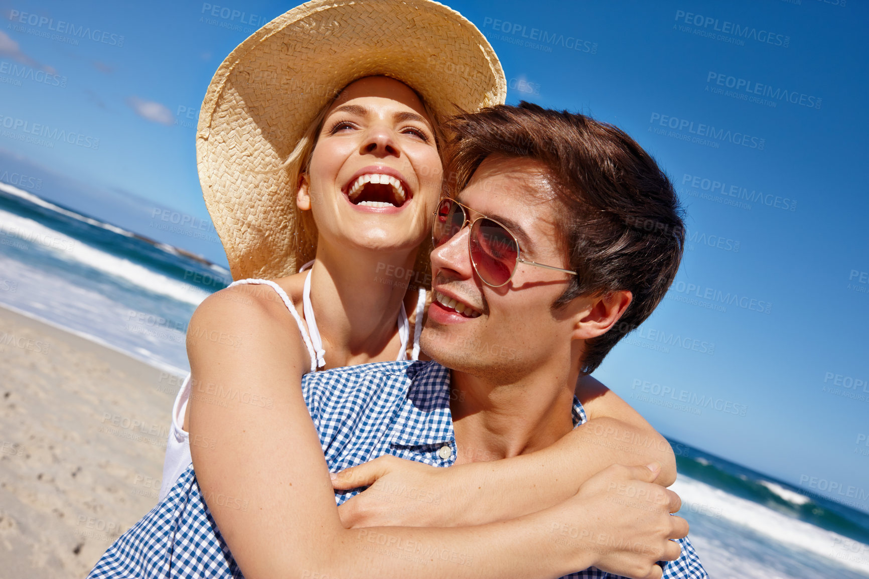 Buy stock photo Love, bonding or happy couple in ocean with hug or care on vacation, valentines day or holiday. Smile, support or people at beach for anniversary together at sea on romantic trip on island in Greece