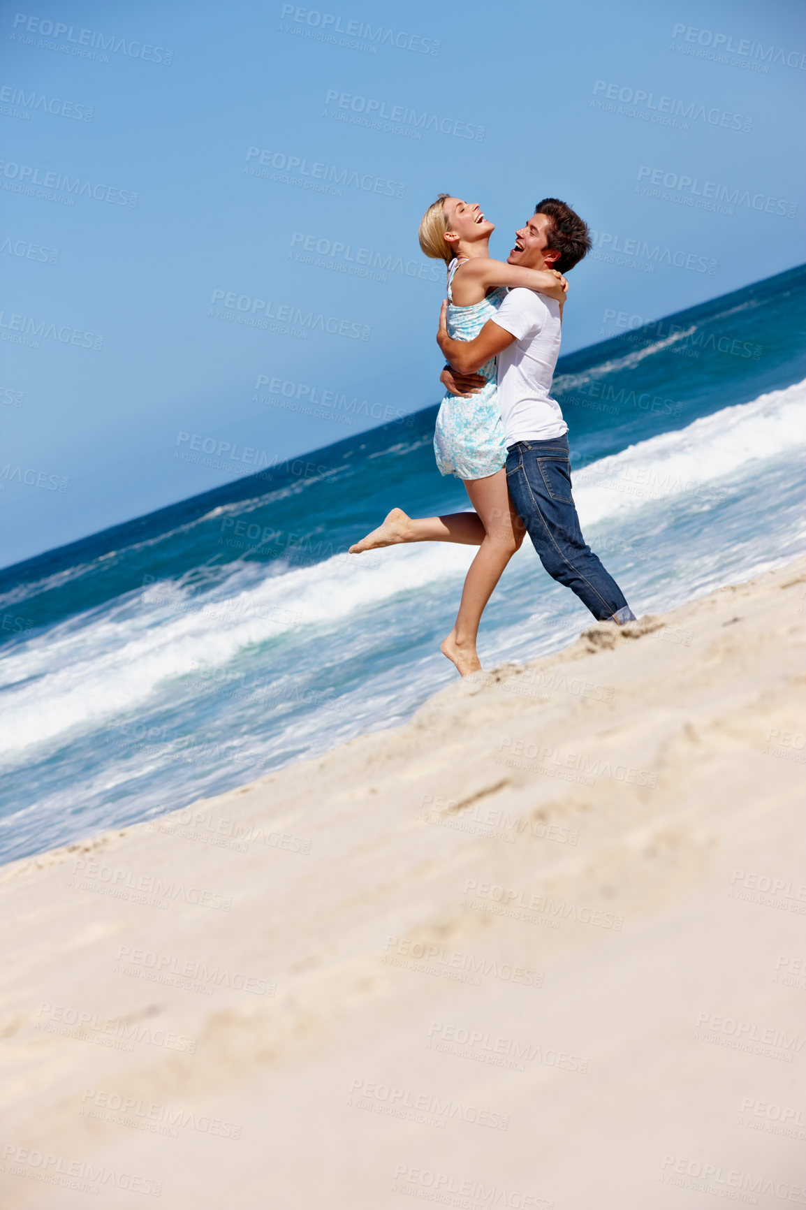 Buy stock photo Beach, carrying and fun for couple, love and celebration of commitment, bonding and happy in relationship. Outdoor, man and woman on holiday, waves and together in nature, romance and date at sea