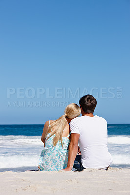 Buy stock photo Back view, sky space or couple at sea to relax with love on vacation, valentines day or holiday. Tropical, mockup or people at ocean for bonding together at beach on romantic trip on island in Greece