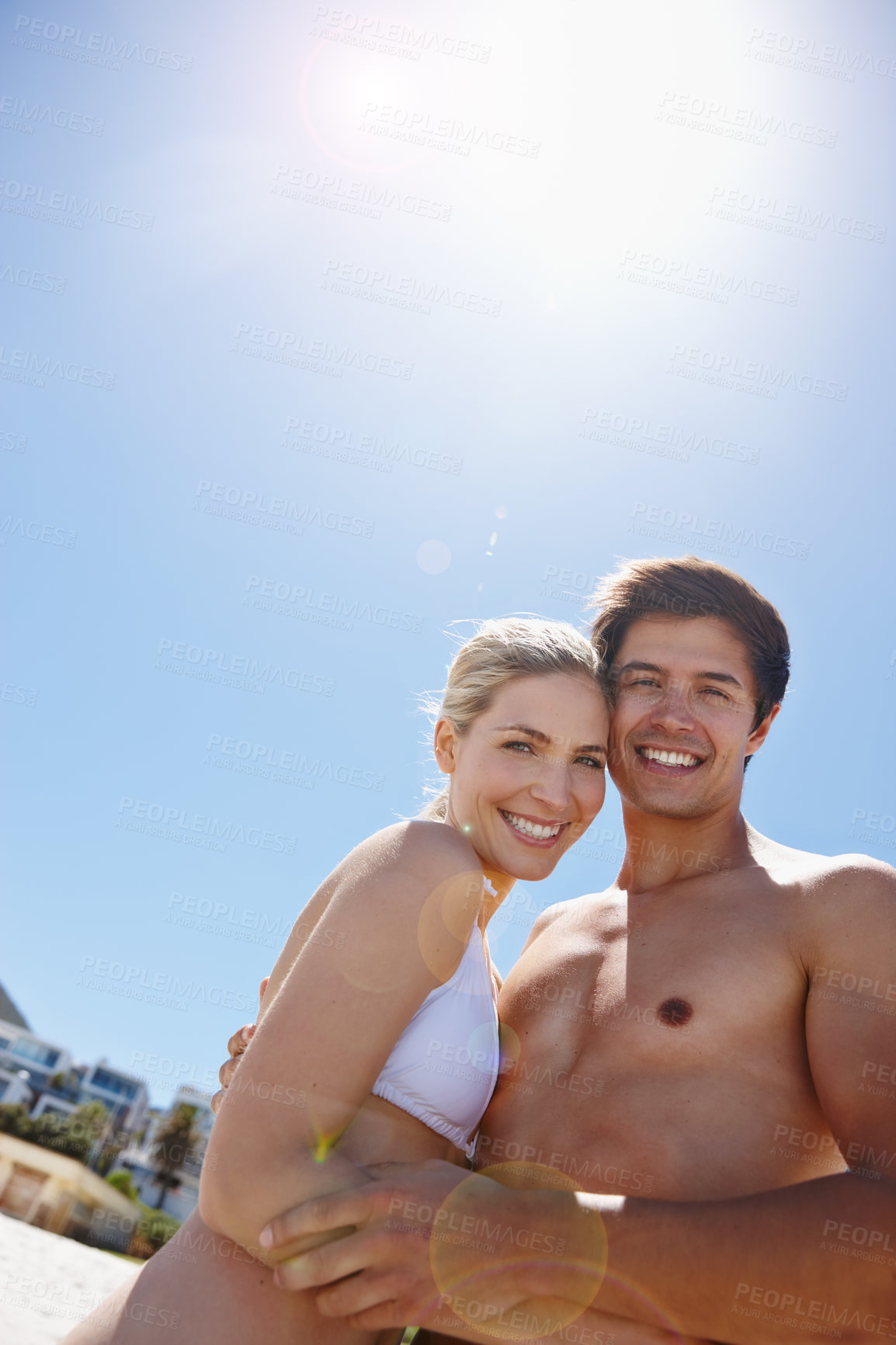 Buy stock photo Couple, happy and portrait at beach for travel, bonding and tropical holiday with smile by water or sand. Man, woman and romance outdoor for trip, love and vacation with hug, relax and date in Ibiza