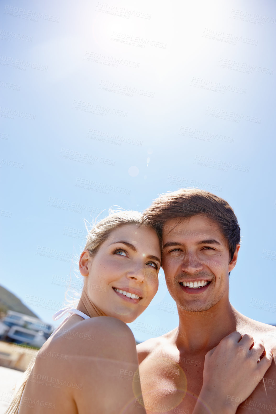 Buy stock photo Couple, happy and portrait on beach for vacation, bonding and tropical holiday with smile on sand. Man, woman and romance outdoor for trip, love and travel with sunshine, relax and date in Thailand